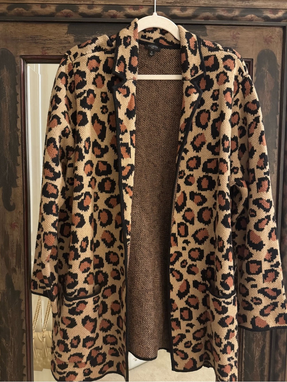 Leopard Print Open-Front Women’s Cardigan Coat - Tan/Black, Talbots, 1X